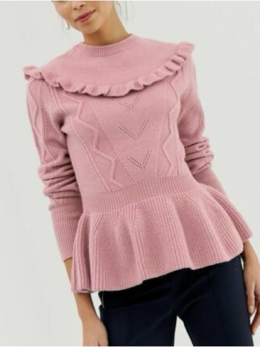Ted Baker Pink Elsahi Yoke Detail Peplum Ruffle-Trim Sweater Size 2